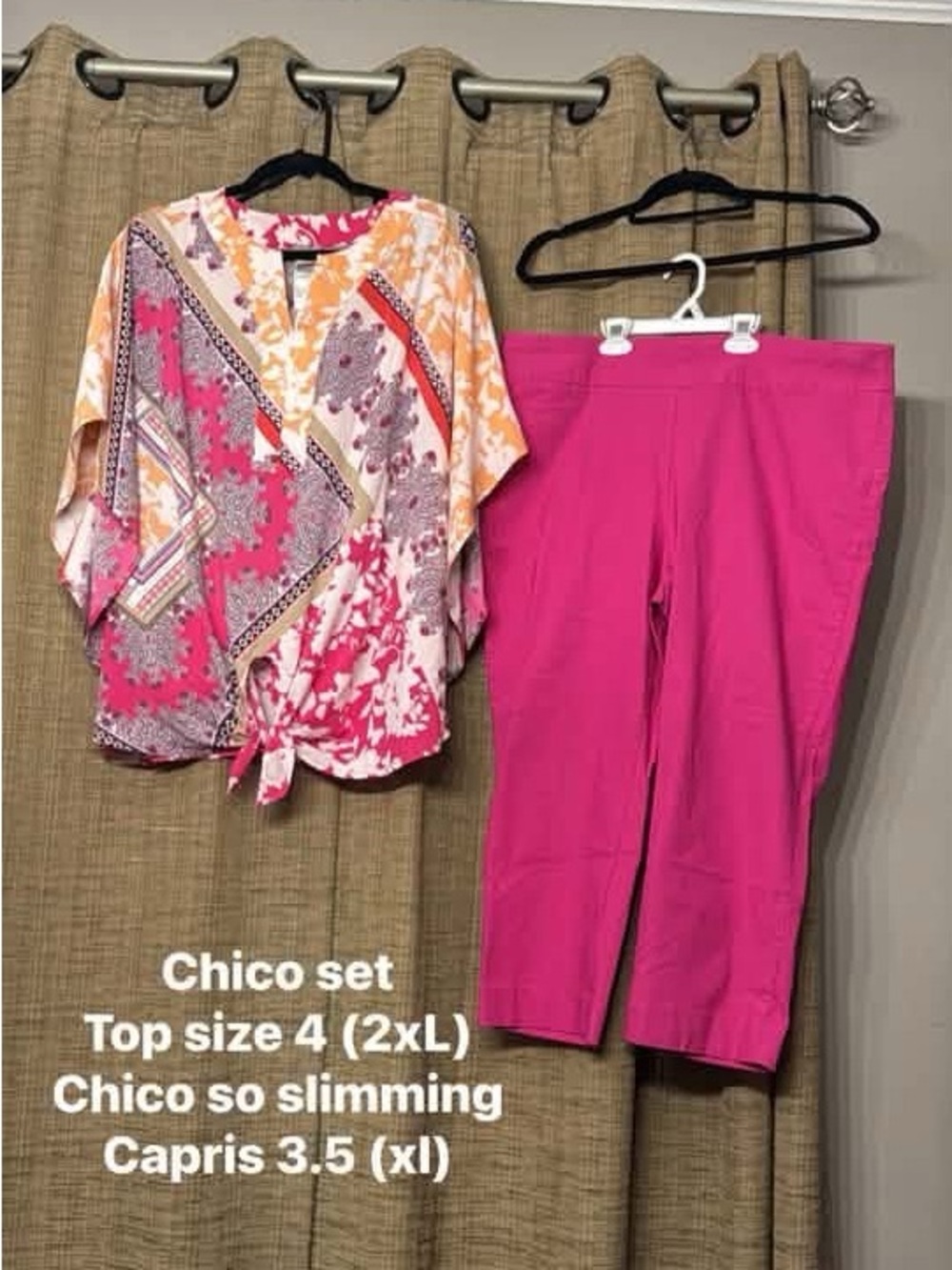 Chico's Pink & Multi-Print Tie-Front Blouse with Hot Pink Capris